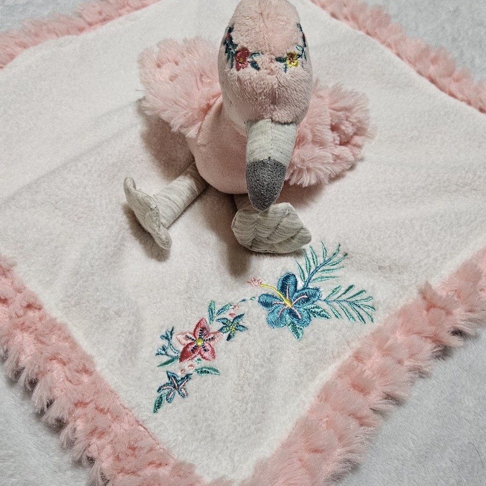 Mary Meyer Pink Flamingo Lovey Security Blanket Floral Tropical Plush 12x12 - Picture 3 of 6